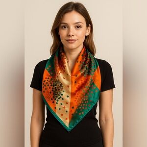 2245- Tree Print Silk-Feel Square Scarf Orange Green Teal 100% Polyester NWT